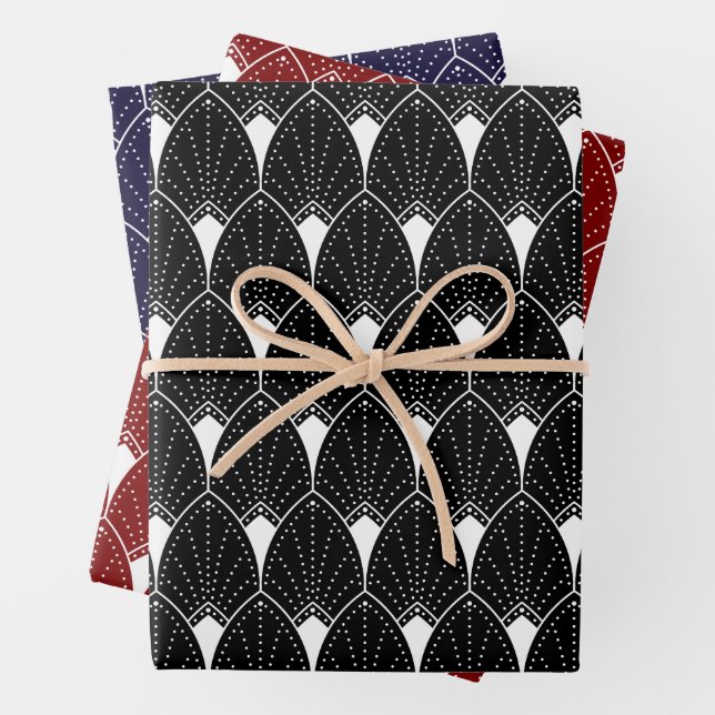 Weißes Art Deco-Muster auf Schwarz Geschenkpapier Set (Beispiel)