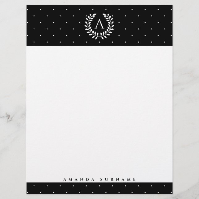Weißes auf schwarzem Lorbeer-Monogramm-Polka-Punkt Briefbogen (Vorderseite)