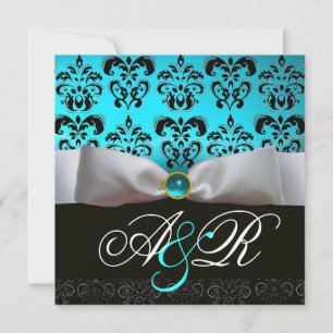 WEIßES BAND BLAU TURQUOISE SCHWARZ DAMAST MONOGRAM EINLADUNG