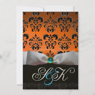 WEIßES BAND ORANGE BLAU SCHWARZ DAMAST MONOGRAMM EINLADUNG