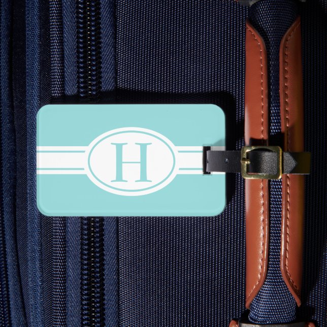 Weißes Band Oval Schild Blau Monogramm Gepäckanhänger (Vorderseite Insitu 4)