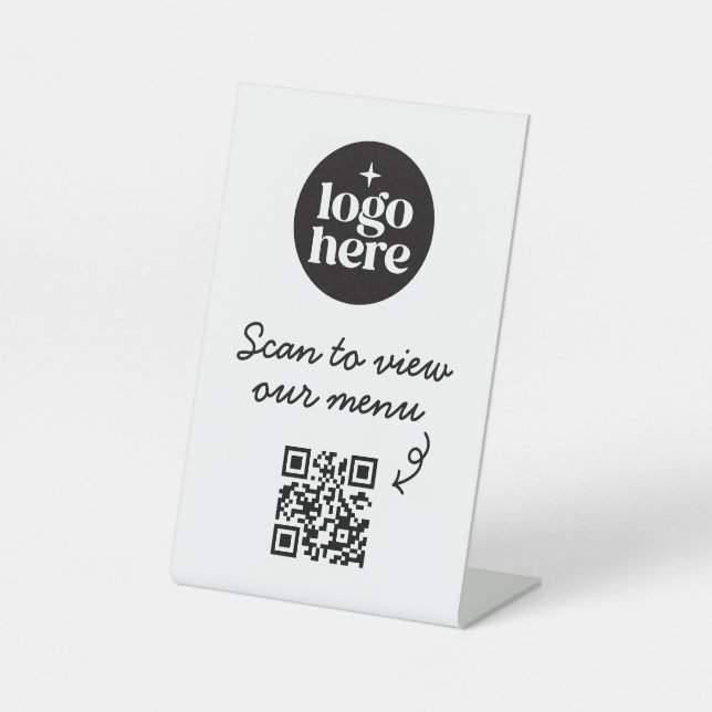 Weißes Basis-Logo-Menü-QR-Code für Geschäftsmenüs Sockelschild (Vorderseite)