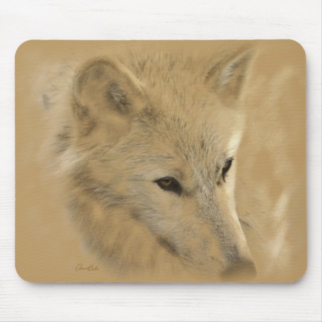 Weißes Bauholz-Wolf-Kreide-Zeichnen Mousepad (Vorne)