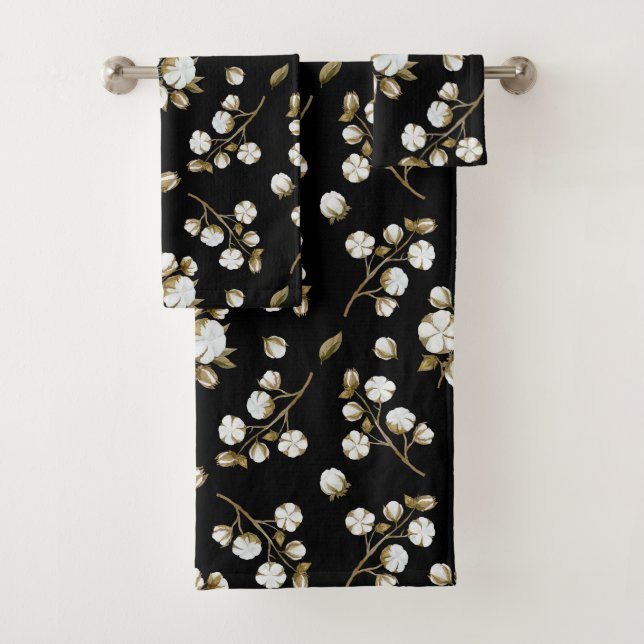 Weißes Baumwoll-Steg Watercolor-Muster Schwarz Badhandtuch Set (Insitu)