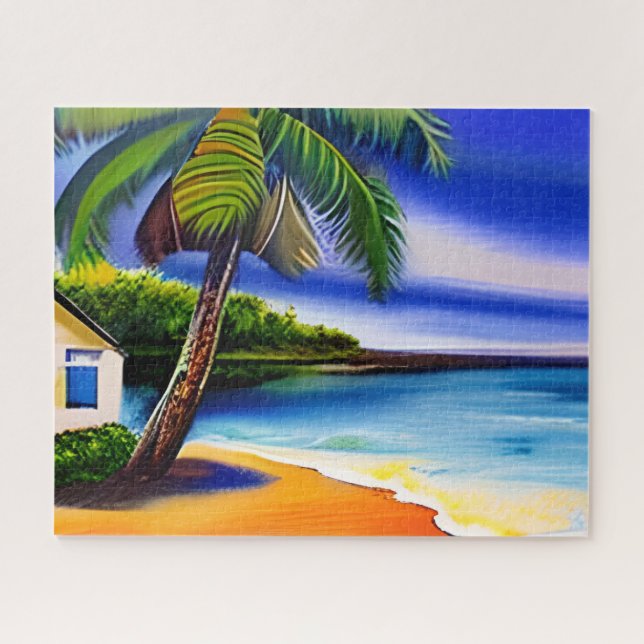 Weißes Beach House und Blaues Wasser Puzzle (Horizontal)
