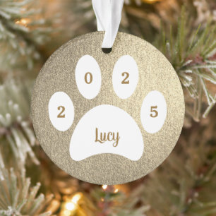 Weißes Blatt Gold Hund Foto mit Name Year Ornament