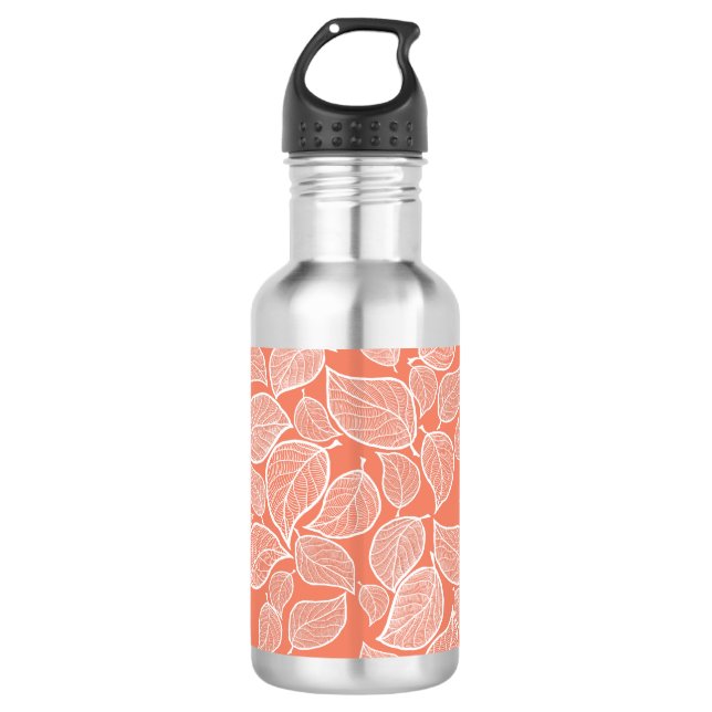 Weißes Blätter auf Orange Edelstahlflasche (Vorderseite)