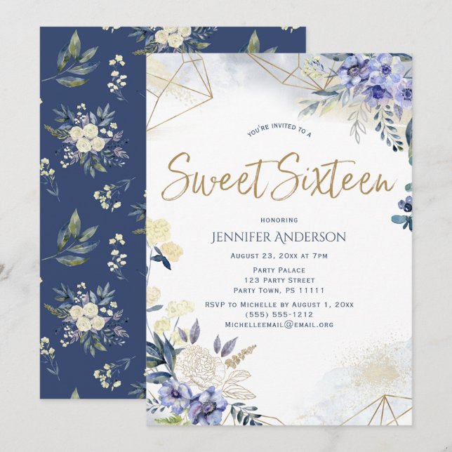 Weißes blaues goldenes Watercolor Floral Sweet 16 Einladung (Vorne/Hinten)