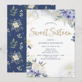 Weißes blaues goldenes Watercolor Floral Sweet 16 Einladung