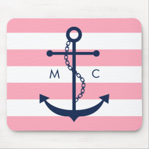 Weißes blaues rosa Monogramm Stripes Anker Mousepad
