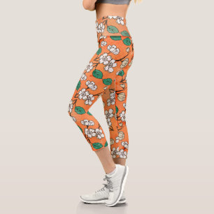 Weißes Blumendesign Orange Capri Leggings