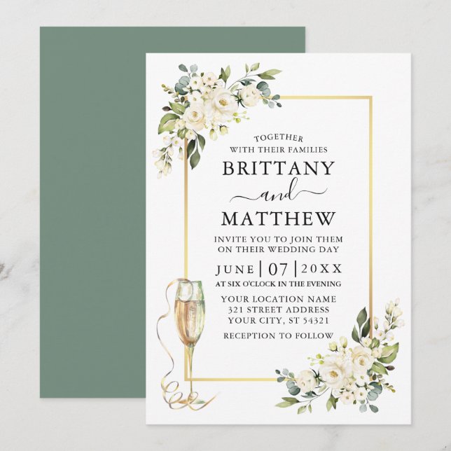 Weißes Blumenglas mit Wasserfarbe Grün Einladung (Vorne/Hinten)