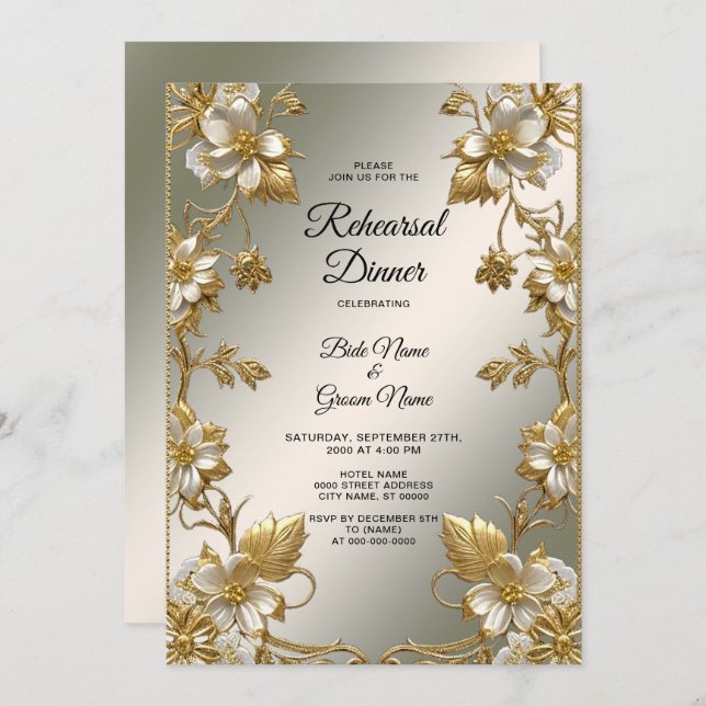Weißes Blumengold Verziertes Probe Abendessen Einladung (Vorne/Hinten)