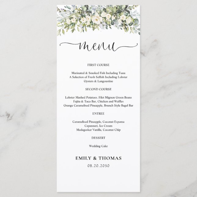 Weißes Blumiges Hochzeitsmenü Menükarte (Vorderseite)