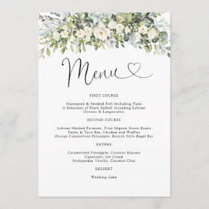 Weißes Blumiges Hochzeitsmenü Menükarte