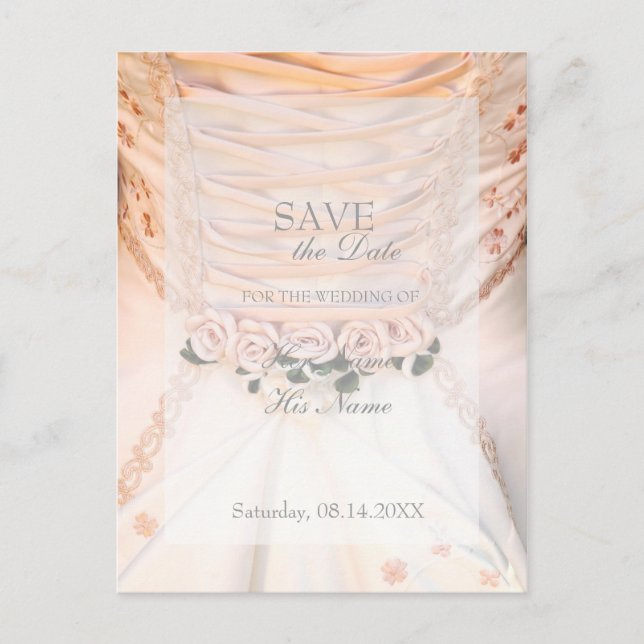 Weißes Brautkleid mit Rose SAVE THE DATE Ankündigungspostkarte (Vorderseite)