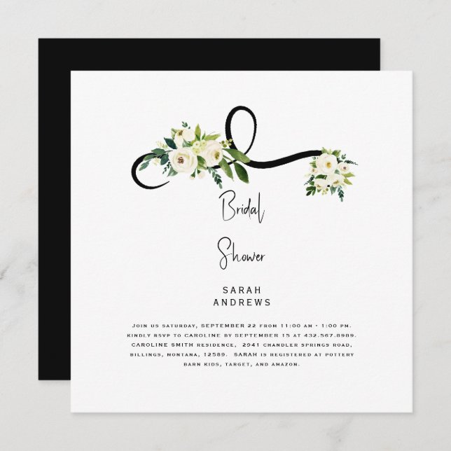 Weißes Brautparty mit Blumen B/W Square Einladung (Vorne/Hinten)