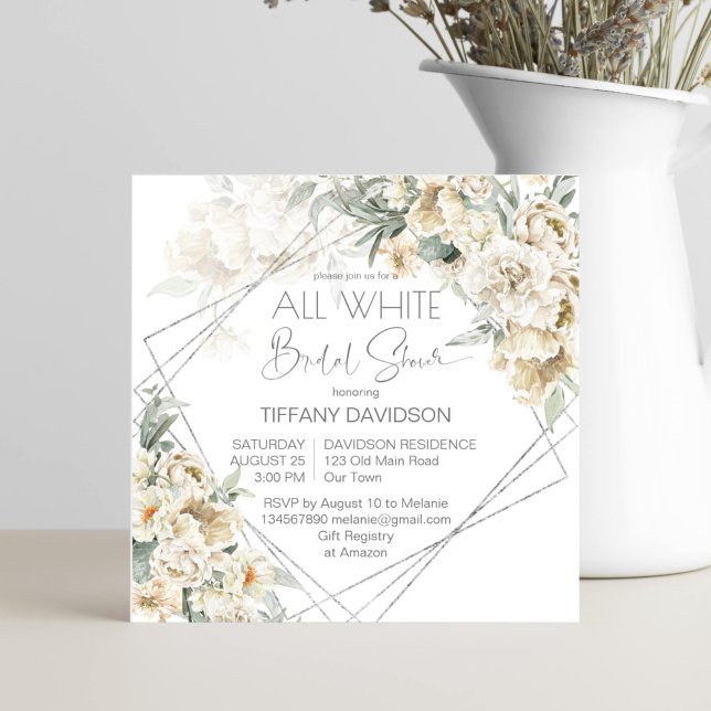 Weißes Brautparty silberfarbener Rahmen (White themed bridal shower floral invitation template silver geometrical frame white flowers)