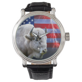 Weißes Buffalo mit amerikanischer Flagge und Blitz Armbanduhr