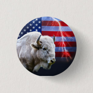 Weißes Buffalo mit amerikanischer Flagge und Blitz Button
