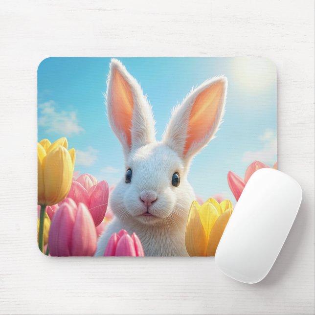 Weißes Bunny im Tulip Garten Mousepad (Mit Mouse)