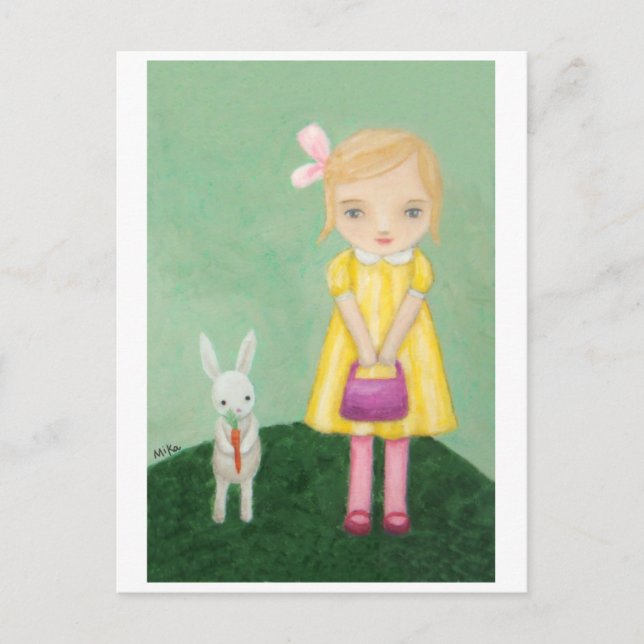Weißes Bunny Rabbit mit gelber Dress Girl Card Postkarte (Vorderseite)