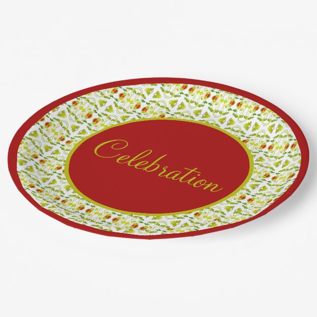 Weißes Burgund und Zitronengrün Pappteller (Schrägansicht)