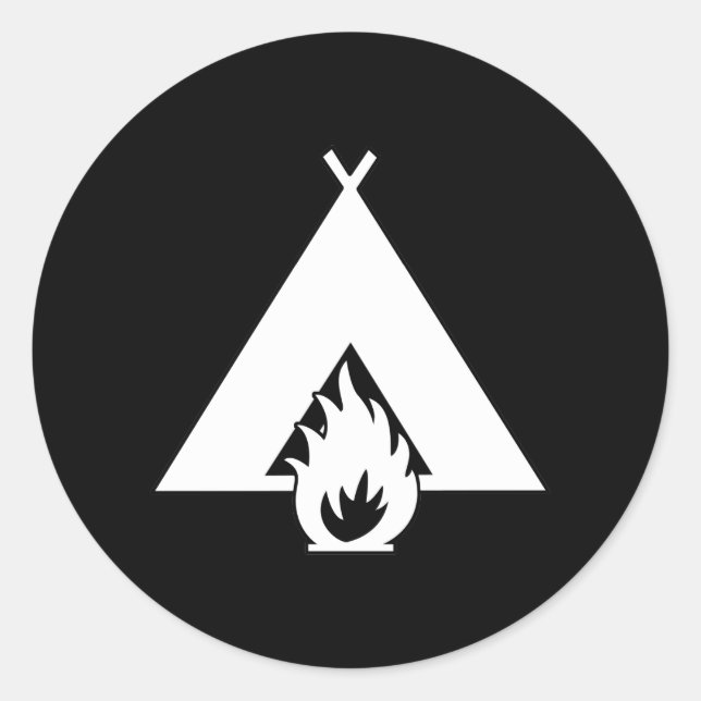 Weißes Campfeuer und Zelt-Symbol für dunklen Hinte Runder Aufkleber (Vorderseite)