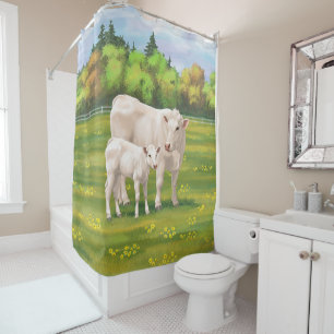 Weißes Charolais Kuh und Niedliches Rindfleisch Ri Duschvorhang