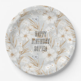 Weißes Cream Blume Blaue Schmetterlinge zum Geburt Pappteller