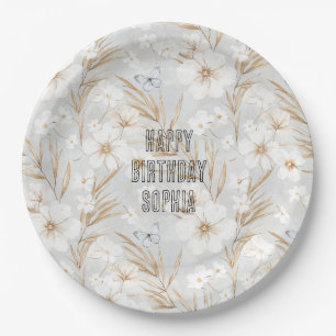 Weißes Cream Blume Blaue Schmetterlinge zum Geburt Pappteller