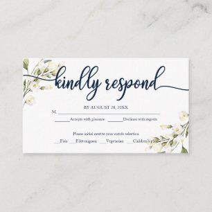 Weißes Cream Floral Wedding RSVP Navy Blue Begleitkarte