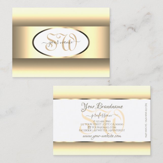 Weißes Cream Ombre Initials Light Gold Dekor Borde Visitenkarte (Vorne/Hinten)