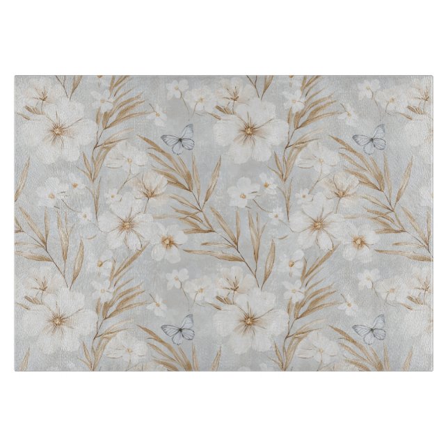 Weißes Creme Blume Blaue Schmetterlinge Brautparty Schneidebrett (Vorderseite)