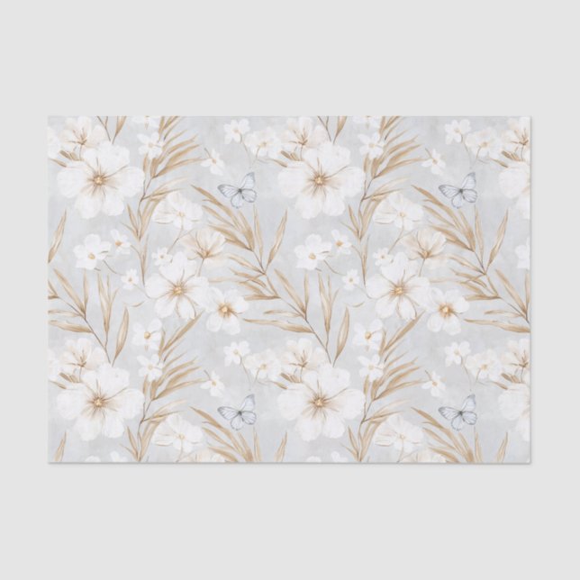 Weißes Creme Blume Blaue Schmetterlinge Brautparty Seidenpapier (Vorderseite)