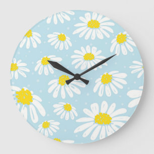 Weißes Daisy blaues Hintergrund Nahtlos Große Wanduhr