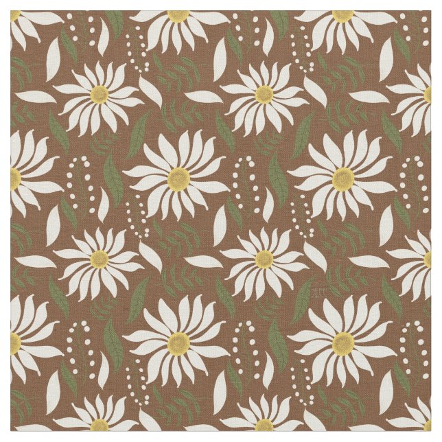 Weißes Daisy-braunes Blumenmuster Stoff (Nahaufnahme)