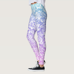Weißes Damast-Muster in blauem und lila Gefälle Leggings