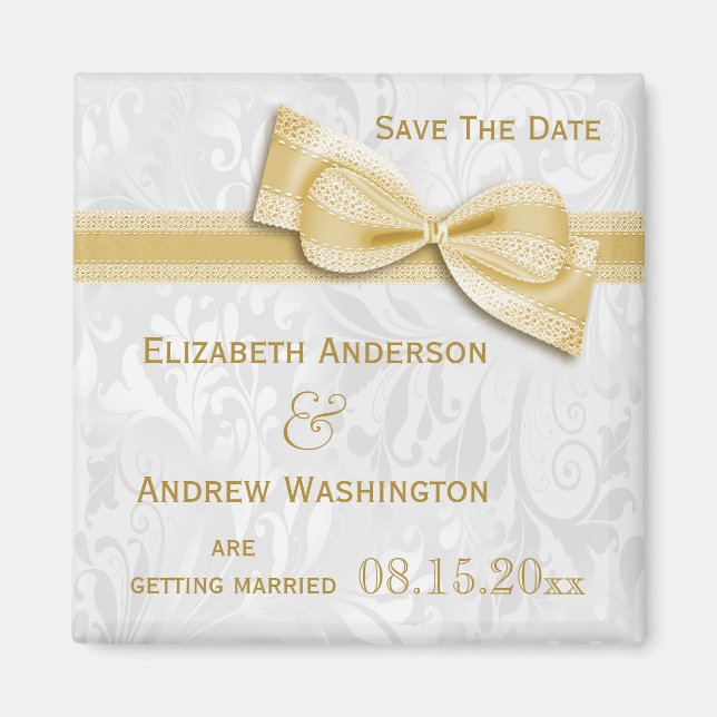 Weißes Damast-und GoldImitat beugt Save the Date Magnet (Vorne)
