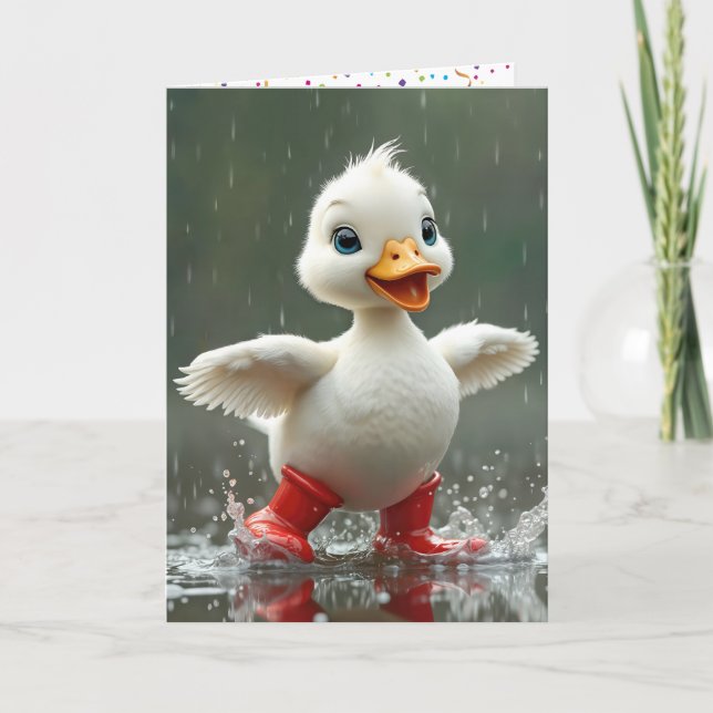 Weißes Duckeln am Geburtstag in einer Regenpuppe Karte (Vorderseite)