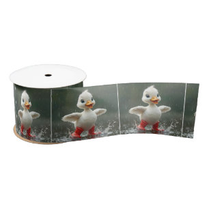 Weißes Duckling in einer Regenpuppe Satinband