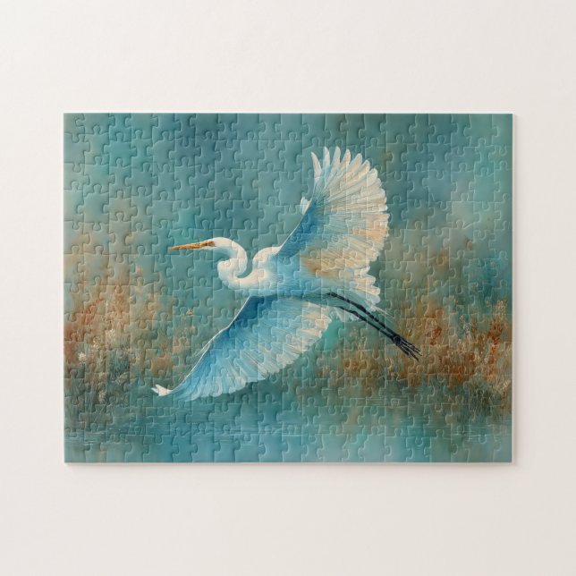 Weißes Egret im Flug Wasserfarbe Puzzle (Horizontal)