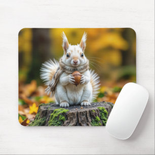 Weißes Eichhörnchen im Herbst auf einem Baumstumpf Mousepad