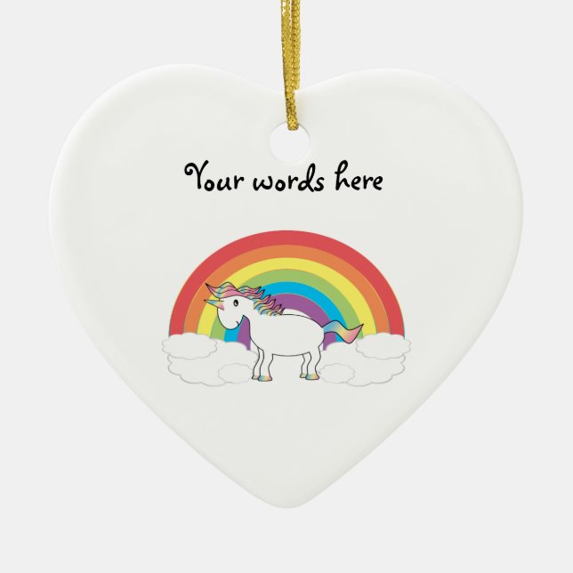 Weißes Einhorn auf Regenbogen und Wolken Keramik Ornament (Vorne)