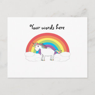 Weißes Einhorn auf Regenbogen und Wolken Postkarte