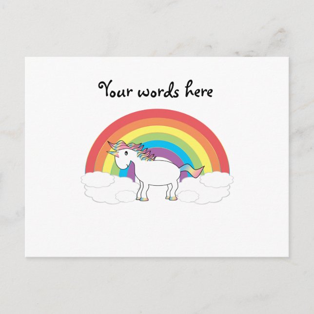 Weißes Einhorn auf Regenbogen und Wolken Postkarte (Vorderseite)
