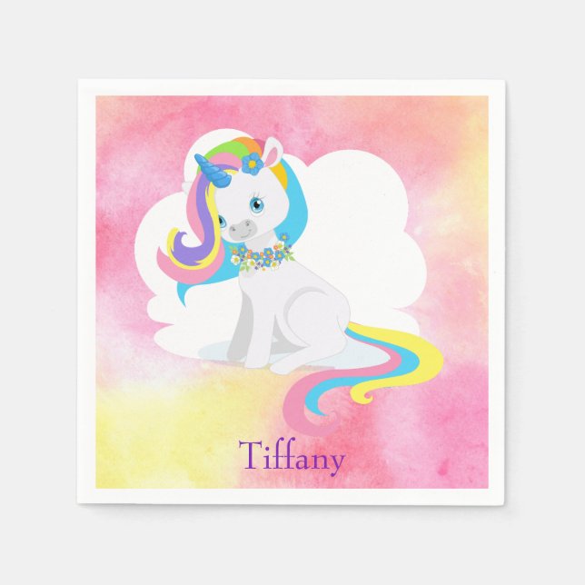 Weißes Einhorn hübsch rosa Aquarellfarbe Serviette (Vorderseite)
