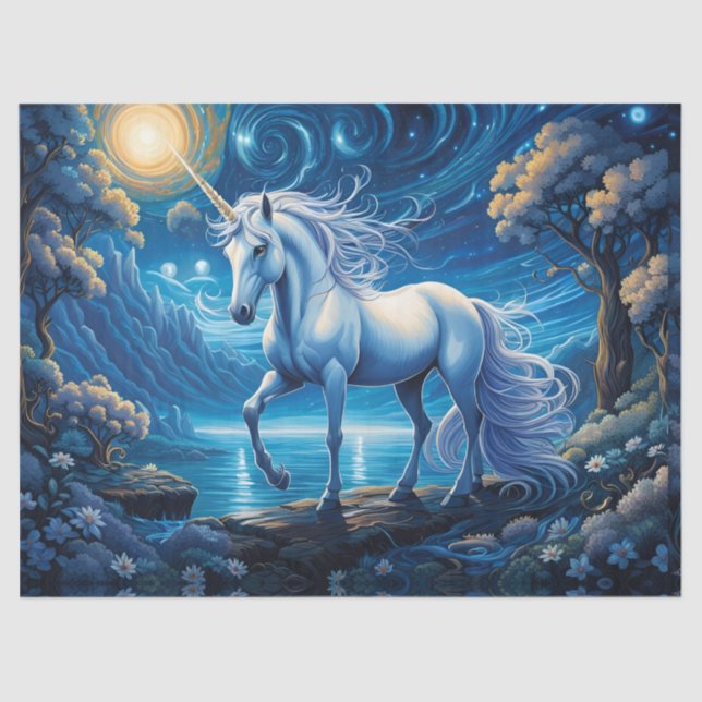 Weißes Einhorn im Blauen Vollmond Seidenpapier (Vorderseite)