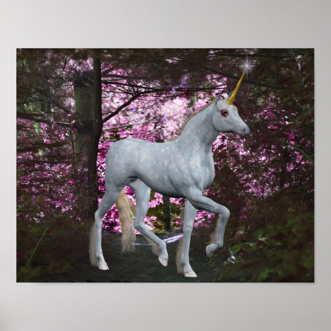 Weißes Einhorn in Forest Fantasy Horse Poster (Vorne)