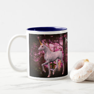 Weißes Einhorn in Waldfantasy Personalisiert Zweifarbige Tasse